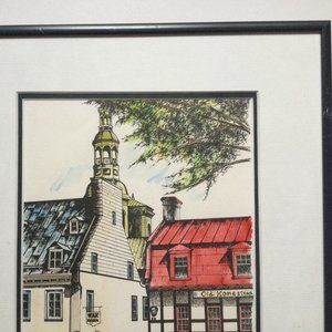 Hand colored etching? engraving? print street view small wall decor pencil signe